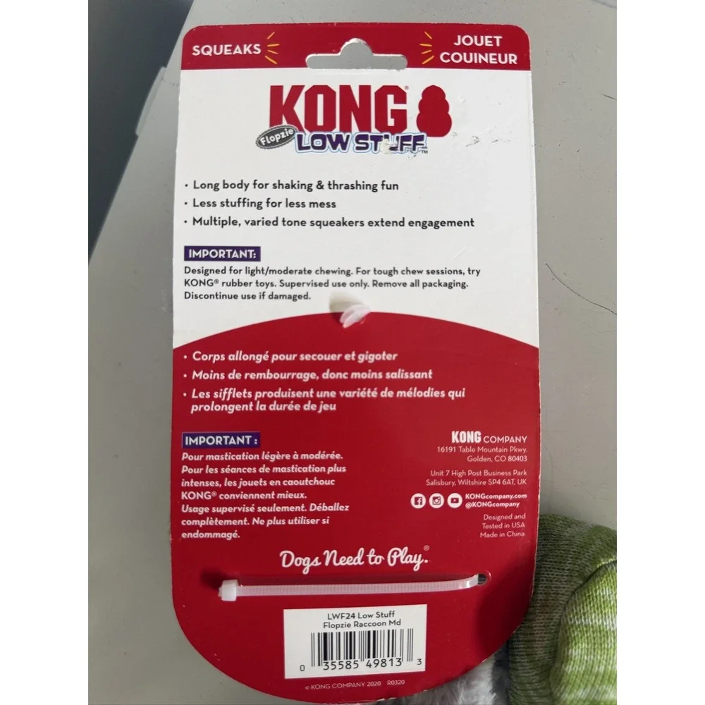 KONG Flopzie Low Stuff Raccoon Dog Toy Squeaky Weighted Medium LWF24